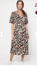 GORGEOUS SLINKY FEEL BUTTON FRONT PUFF SLEEVE LEOPARD MIDI DRESS SZ 20/22