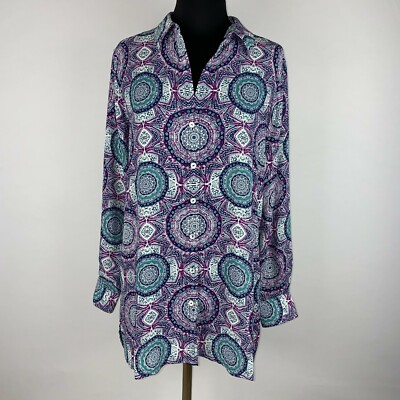 Foxcroft NYC Womens 8 Multicolor Patterned Button Down Tunic Top Long Sleeve