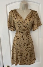 Femalove 6 Animal Print Beige Wrap Dress Tie Short Sleeve V Neck Mini Satin