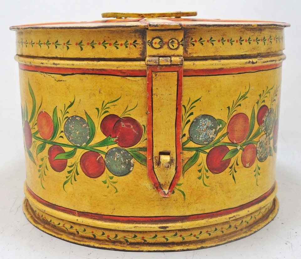 Caja de herramientas de almacenamiento de hierro vintage original antigua hecha a mano pintada floral Foto 2 de 4