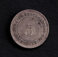 Straits Settlements 1900 5c Five Cent Silver Coin Queen Victoria .800 Silver