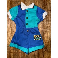 Vintage Liberty Kids Colorblock Romper Blue Teal Action Race Car Made in USA