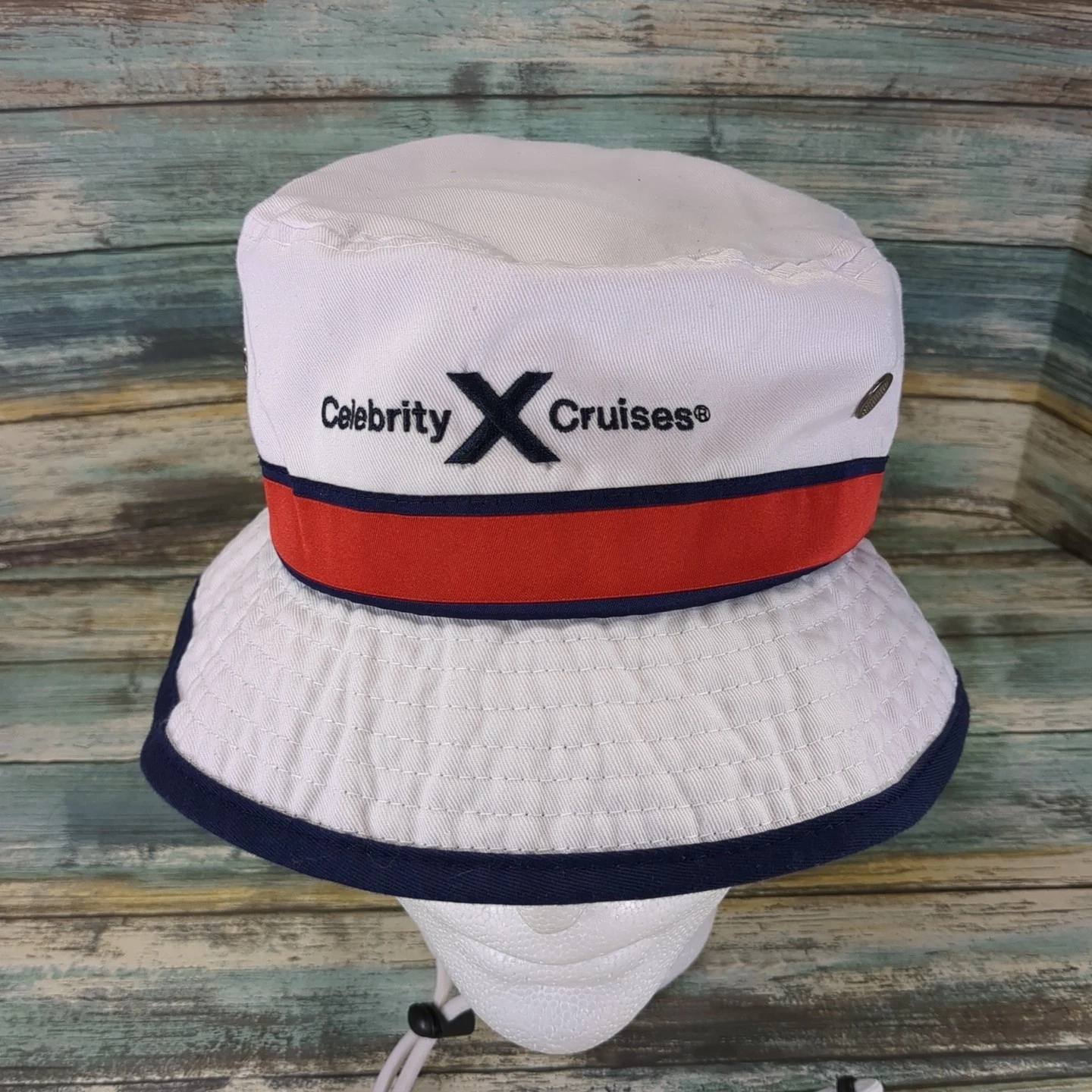 Celebrity X Cruises Bucket Sun Hat Red White Blue Chin Strap 6 3/4 Small