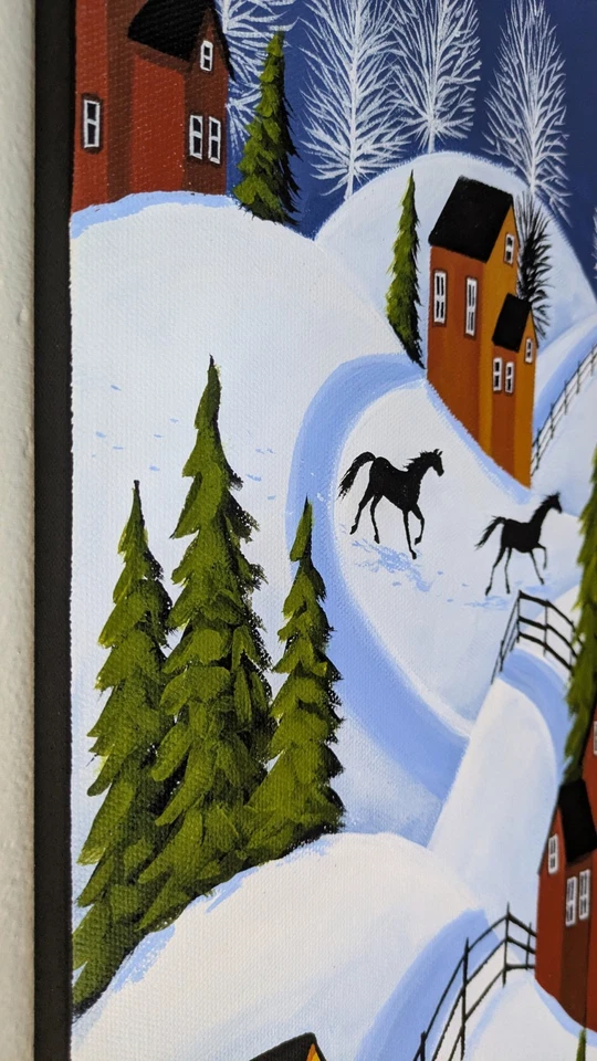 Pintura Arte Popular Original Cardenal Pájaro Rojo Caballo País Invierno Paisaje Nieve Foto 3 de 4