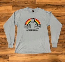 Vtg Screen Stars Single Stitch Long Sleeve T Shirt XL Blue Rainbow Library Books