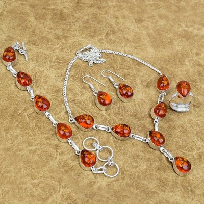 Natürlicher Baltischer Bernstein Edelstein Schmuck Set 925 Sterling Silber Bi...