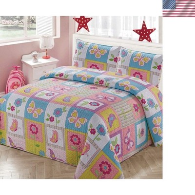 Bedspread Coverlet Quilt Set for Girls Patchwork Butterfly Flowers White Purp...