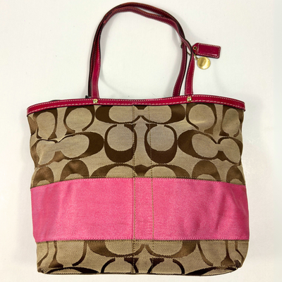 バッグ COACH Op Art Canvas Tote Bag Pink Trim Coach Signature Stripe Tote Bag Khaki Pink Canvas with Leather