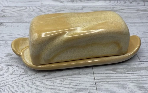 Vintage Frankoma Lazy Bones Covered Butter Dish Desert Gold 4K