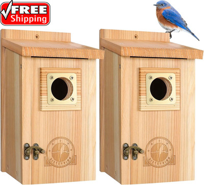 2 Pack Bird Houses for outside Clearance with Copper Guard, Cedar Bird House Out