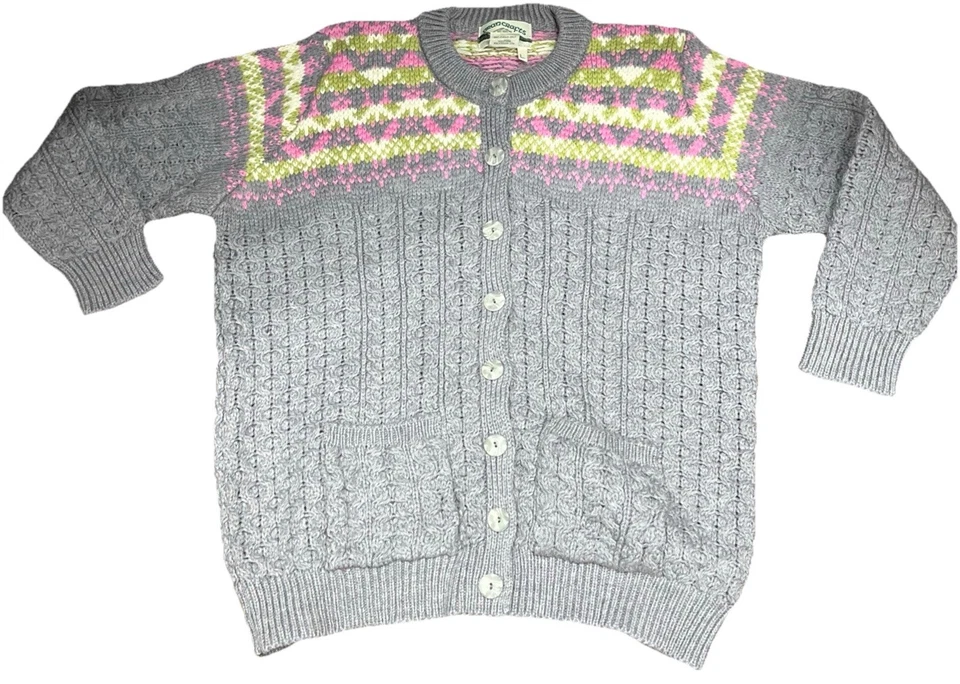 Cárdigan de lana artesanal Aran L gris rosa tejido con cable suéter de pescadores usado en excelente estado c2 Foto 3 de 4