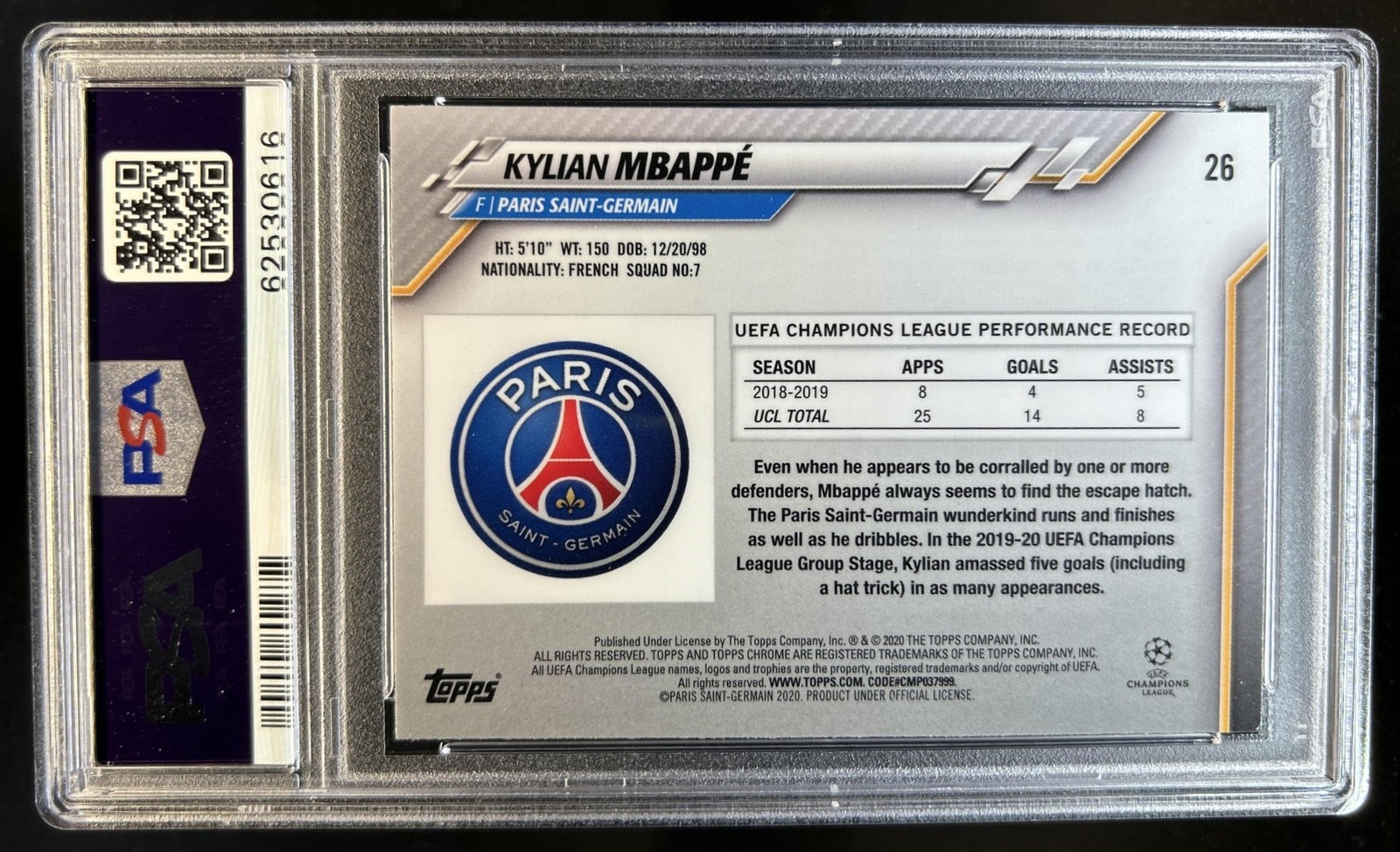 2019-20 Topps Chrome UCL Kylian Mbappe #26 PSA 9 view 2