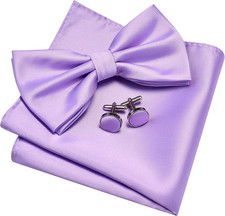Mens Solid Color Double Fold Pre-tied Bow Tie and Pocket Square Cufflink Set wit