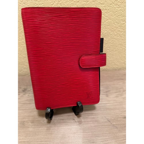 Louis Vuitton Red Epi Leather MM Agenda Planner Cover Gold Rings Authentic