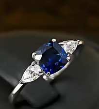 925 Sterling Silver 3 Stone Simulated Sapphire/Diamond Trilogy Ring - L