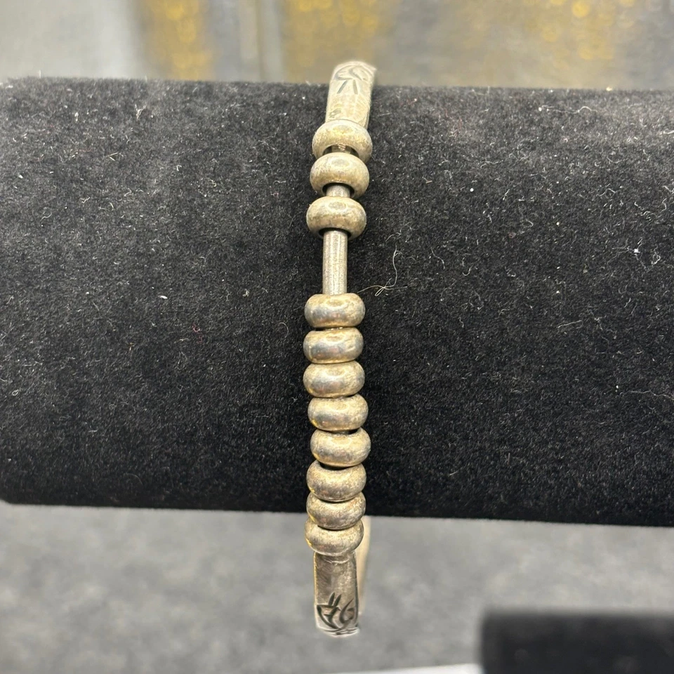 Vintage Western Silver Beaded Bangle Bracelet Etched Floral Design Boho Chic - Image 2 of 4