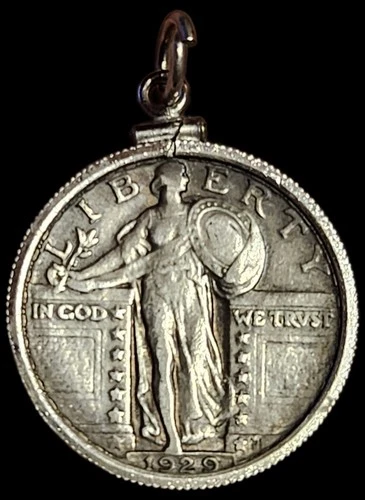 VINTAGE 1929 P STANDING LIBERTY QUARTER 90% Silver ENCASED IN SILVER LOCKET