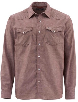Simms Fishing No-Tellum LS Shirt Rust Red Pearl Snap UPF Travel Fishing UPF NEW!