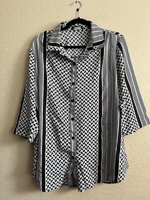 Creation L Black And White Multi Pattern Button Up 3/4 Sleeve Blouse Size Large