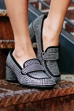 New Women's Black Silver Rhinestone Embellished Loafers Med Block Heel Slip-On