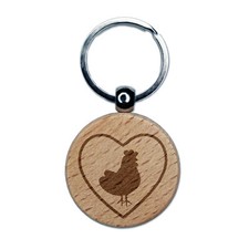 Chicken in Heart Engraved Wood Round Keychain Tag Charm