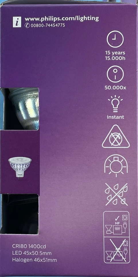 Philips Pack of 2 MR16 LED Replacement lamps 7W 12 Volt 680lm 51mm 36º M258 EXN - Image 2 of 4