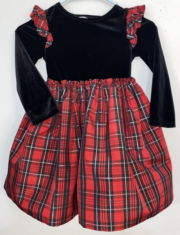 Pippa and Julie Girls Size 5 Plaid Red Black Velvet Fit And Flare Dress Ruffles