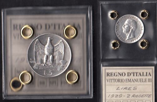 LIRE 5 VITTORIO EMANUELE III AQUILOTTO 1929 argento SILVER 2 Rosette Silver - Foto 1 di 1