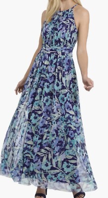 London Times 14 Halter Ruched Waist Mesh Maxi Dress Blue Navy Mint Gold  Floral | eBay