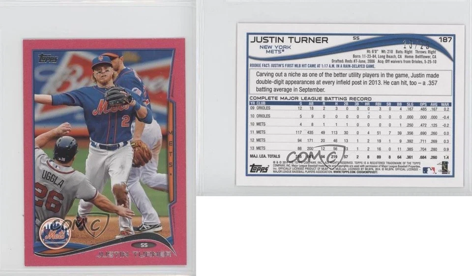 2014 Topps Mini Pink BCA 13/25 Justin Turner #187 - Image 3 of 3