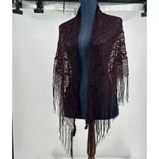 Womens Whimsigoth Witchy Lace Fringe Shawl Wrap Boho Gothic Festival Burgundy