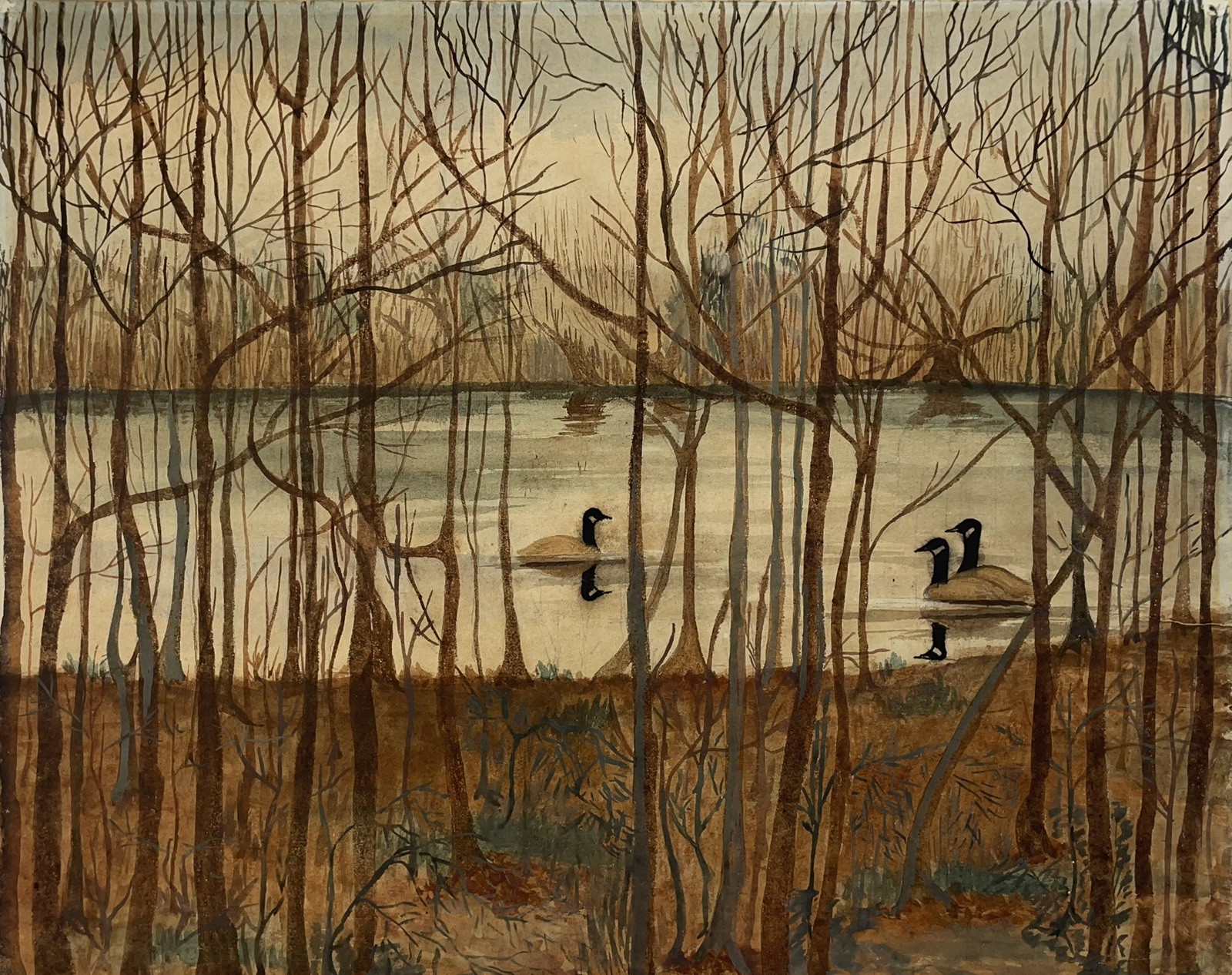Antique Watercolor Painting Canada Geese Lake Landscape￼ 1920s Primitive naïve