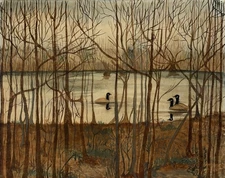 Antique Watercolor Painting Canada Geese Lake Landscape￼ 1920s Primitive naïve