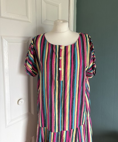 Vestido Vintage Laura Ashley Algodón Cintura Caída Reino Unido 16 Multicolor Rayas Años 80 - Imagen 2 de 14