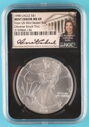 1998-S American Silver Eagle NGC MS69  MINT ERROR- Anna Cabral Hand Signed Label
