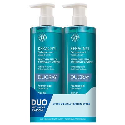 Ducray Keracnyl Anti-Acne Cleansing Foaming Gel DUO Oily Prone 2x 400ml ea NEW