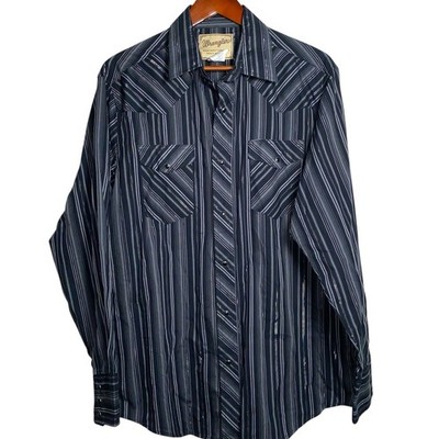 VTG Wrangler Tinsel Black Stripe Pearl Snap Long Sleeve Button Up Shirt Size L