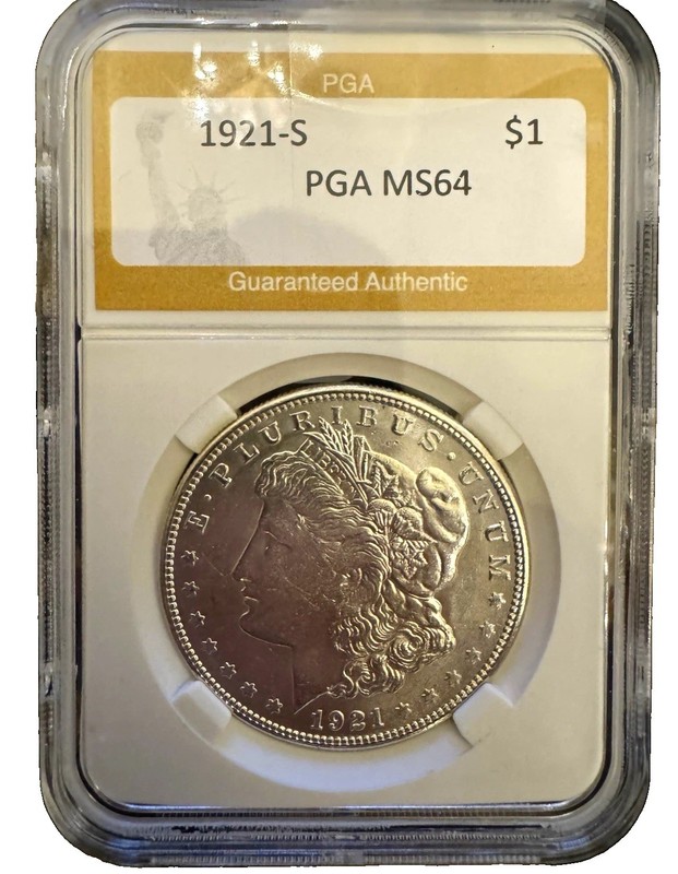 PGA MS64 1921-S Morgan Silver Dollar $1 San Francisco Mint Authentic