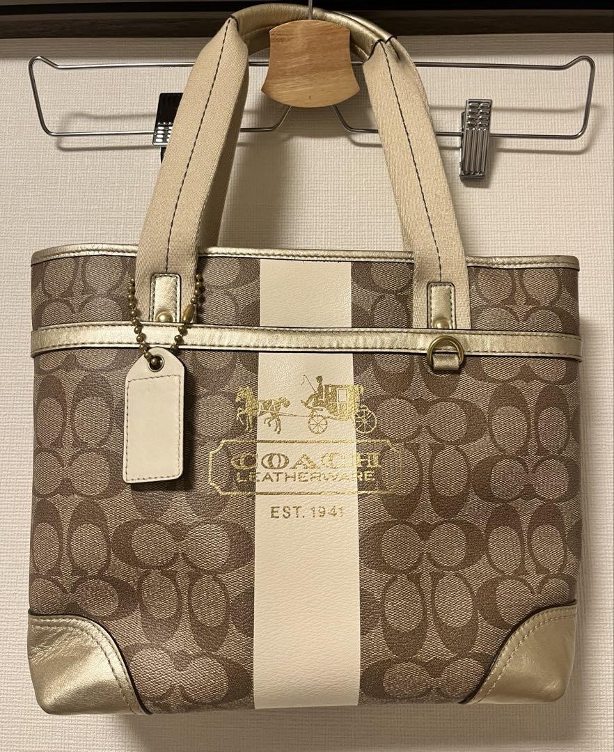 Vintage Coach Heritage Striped Tote Bag Brown 10.8x10.2 Preowned