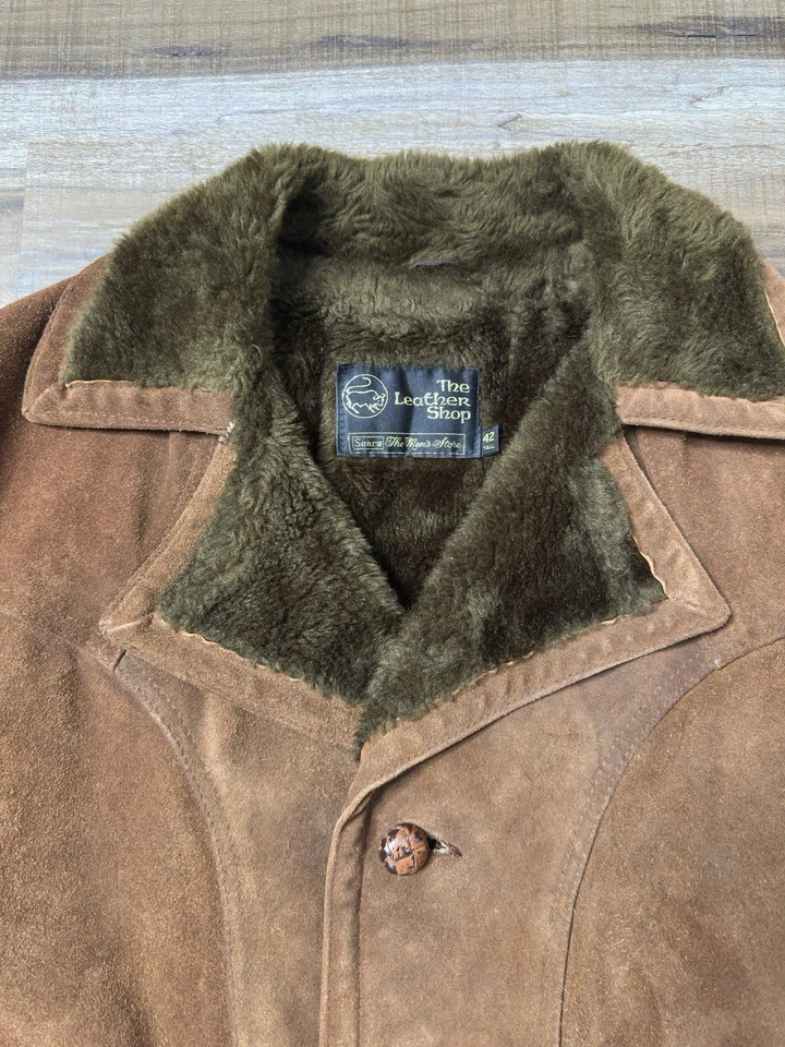 Abrigo Sears The Leather Shop Gamuza Cuero Rancho Chaqueta Forrada Sherpa Para Hombres 42 Alto Foto 3 de 4