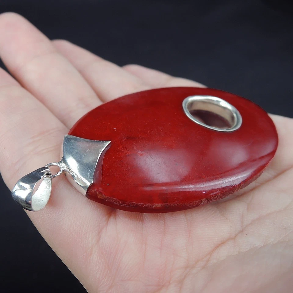 Gioielli con ciondolo in argento sterling 925 grande ovale in corallo rosso... - Immagine 3 di 4