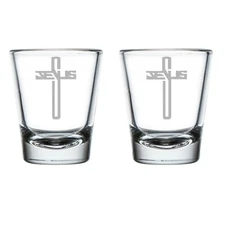 Set of 2 Shot Glasses Glass Jesus Cross