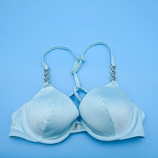 Victorias Secret 32C Blue Underwired Full Coverage Metal Straps Bikini Top Swim