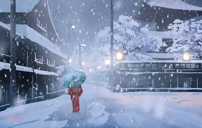 Anime walking alone on a cold snowy night winter Playmat Gaming Mat