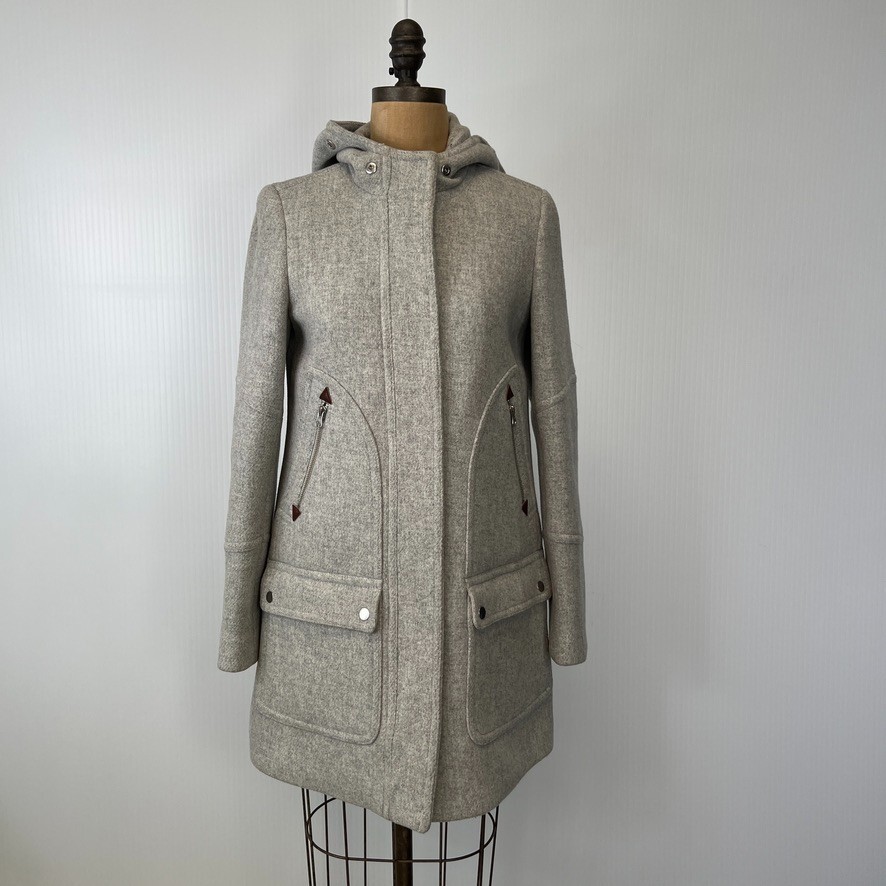 J.Crew Coat Women 0 Wool Hood Long Sleeve Zip Stadium Nello Gori 
