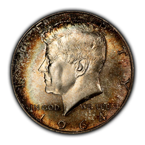 1964 50c Kennedy Half Dollar - PQ Rainbow Toning - BU - VIDEO - SKU-H3193