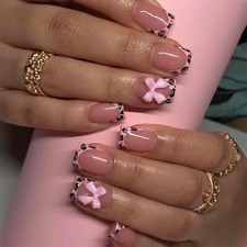 Leopard Print French Tip Press on Nails Square Short Fake Nails with Pink bow