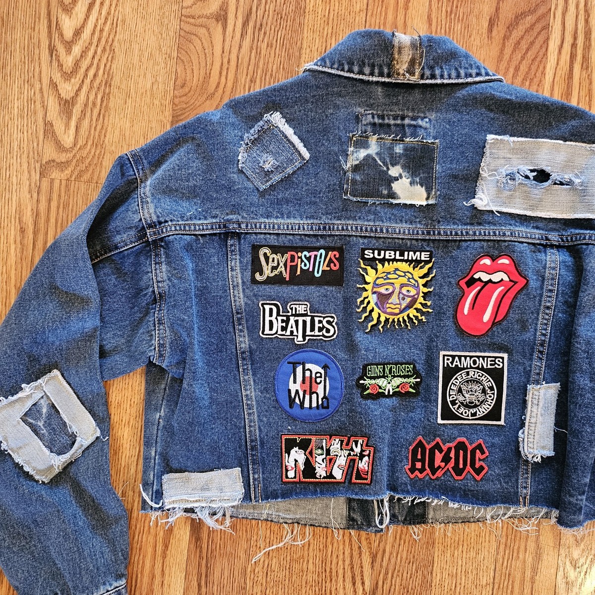 Cropped Denim Jean Jacket W Rock Band Patches Buttons Front
