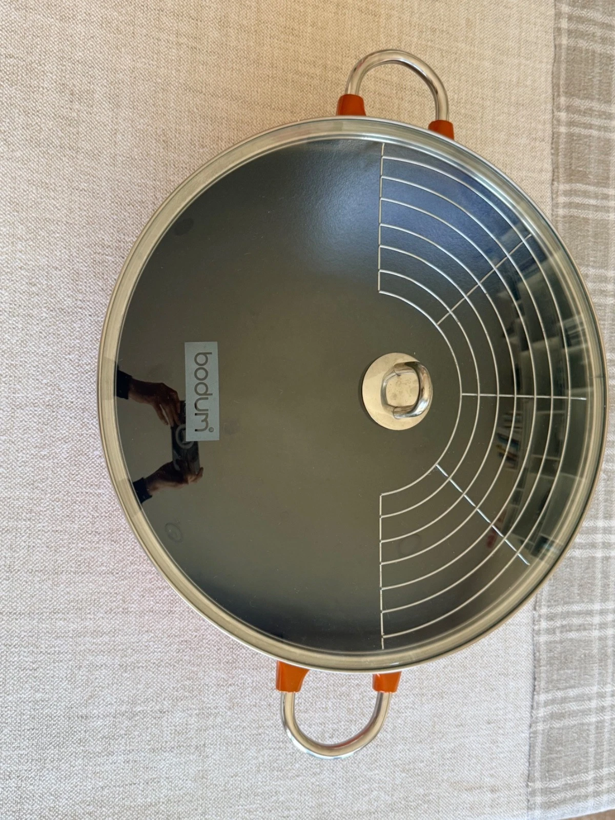 Bodum Chambord Orange Enameled Cast Iron Large Wok With Glass Lid, New w/defect