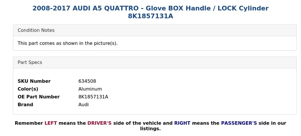 AUDI A5 QUATTRO 2008-2017 - Mango de caja de guantes/cilindro de bloqueo 8K1857131A Foto 4 de 4
